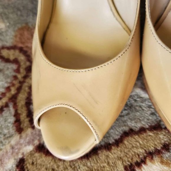 JIMMY CHOO 'NOVA' NUDE PATENT PEEP-TOE SLING BACK HIGH HEEL W/ PLATFORM SZ 7.5 - Picture 5 of 6